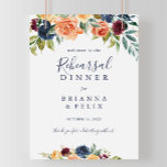 Elegant Floral Rehearings Dinner Welcome Sign Poster<br><div class="desc">Dit elegante floral repetial-welkomstbord is perfect voor een zomerbruiloft. Het ontwerp is voorzien van mooi met de hand getekende bouquets van roze,  wazige,  gele,  bruine,  rode,  indigobloemen en groene bladeren,  die de natuurlijke schoonheid inspireren.</div>