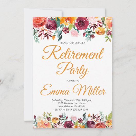 Elegant Floral Retirement Party Kaart (Voorkant)