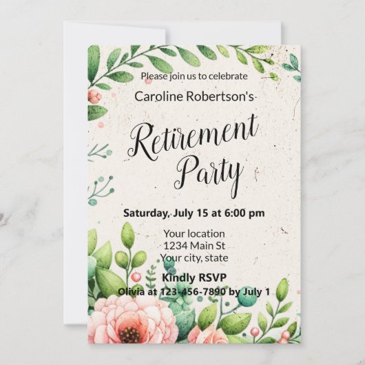 Elegant Floral Retirement Party Kaart (Voorkant)