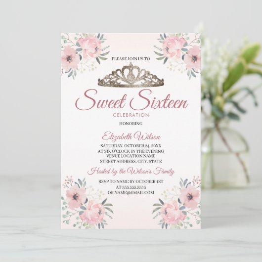 Elegant Floral Roos Gold Blush Pink 16 Kaart (Staand voorkant)