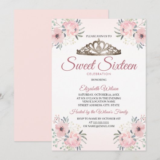 Elegant Floral Roos Gold Blush Pink 16 Kaart (Voorkant / Achterkant)