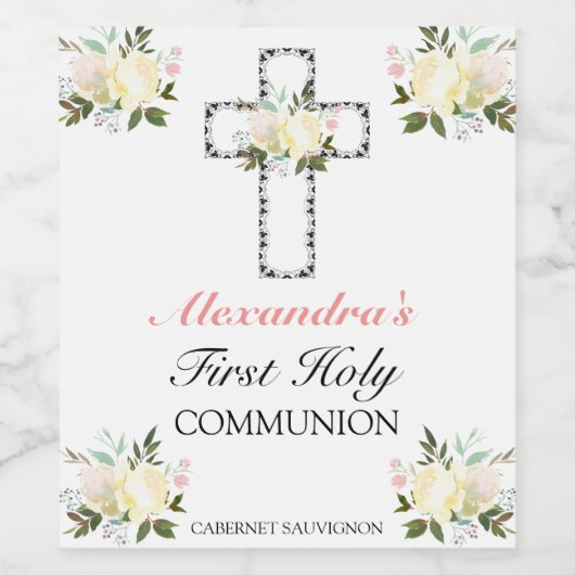Elegant Floral Roos Gold First Heilige Communie Wijn Etiket (Enkel label)