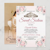 Elegant Floral Roos Gold Photo Sweet 16 Uitnodigin Kaart (Voorkant / Achterkant)