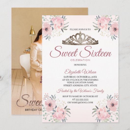 Elegant Floral Roos Gold Photo Sweet 16 Uitnodigin Kaart (Voorkant / Achterkant)