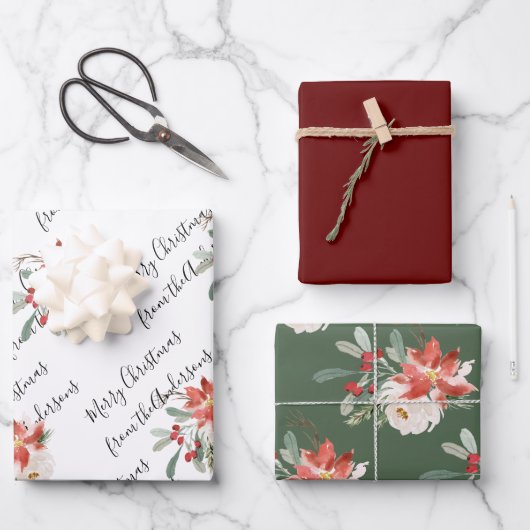 Elegant Floral Roos Kerstmis Inpakpapier Vel (Voorkant)