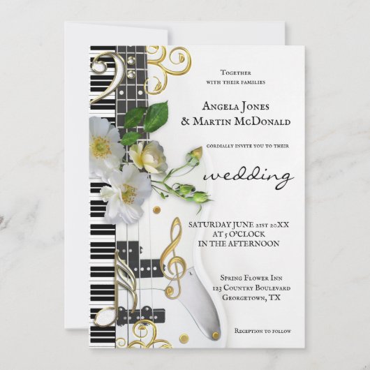 Elegant Floral Roos Music Thed Wedding Kaart (Voorkant)