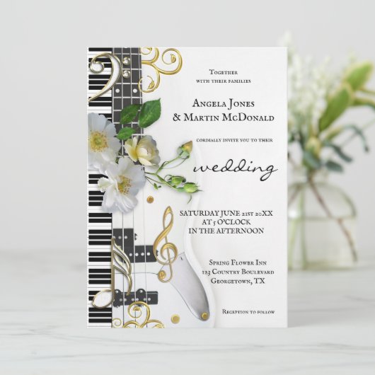 Elegant Floral Roos Music Thed Wedding Kaart (Staand voorkant)