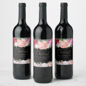 Elegant Floral Roos Pink Black Weddenschap Harteli Wijn Etiket (Flessen)