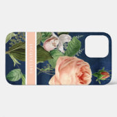 Elegant Floral Roos Pink Greenery w Navy Wood Case-Mate iPhone Case (Achterkant (horizontaal))