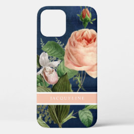 Elegant Floral Roos Pink Greenery w Navy Wood Case-Mate iPhone Case