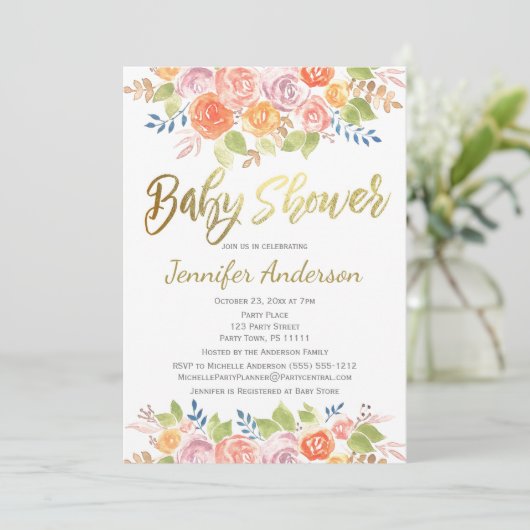 Elegant Floral Roos Waterverf Baby shower Kaart (Staand voorkant)