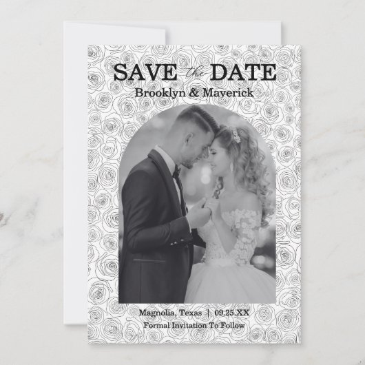 Elegant Floral Rose Black White Wedding Save The Date (Voorkant)