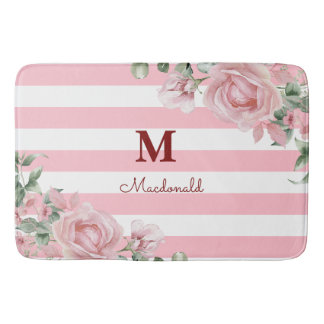 Elegant Floral Rose Striped Monogram Badmat