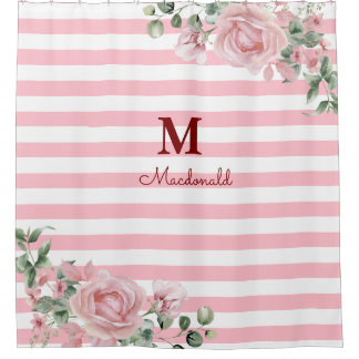 Elegant Floral Rose Striped Monogram Douchegordijn