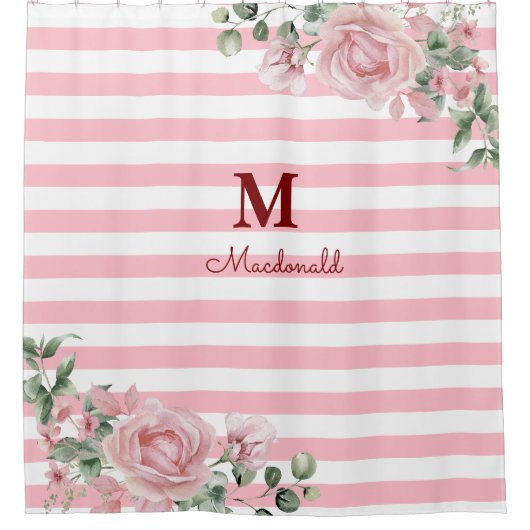 Elegant Floral Rose Striped Monogram Douchegordijn (Voorkant)