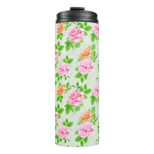 Elegant Floral Roses Green Leaves Pattern-23675 Thermosbeker (Voorkant)