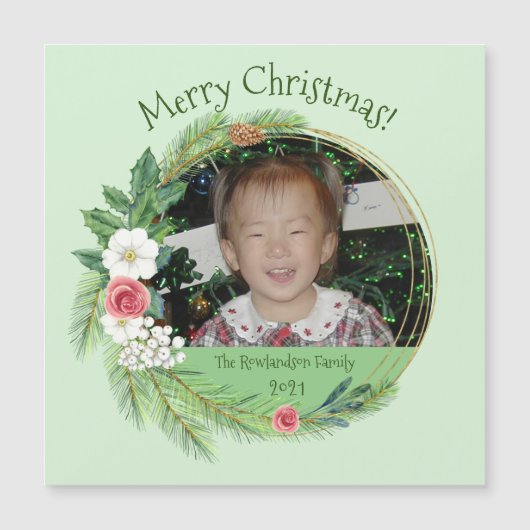 Elegant Floral Round Foto Kerstmis Magnetische Kaa (Voorkant)