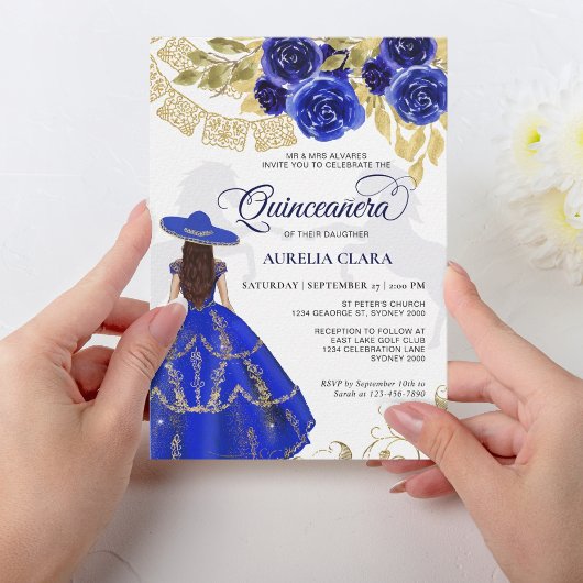 Elegant Floral Royal Blue Horse Quinceañera Kaart