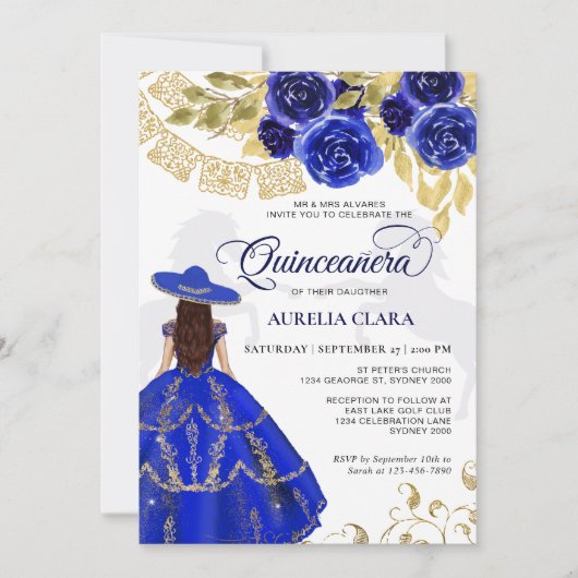 Elegant Floral Royal Blue Horse Quinceañera Kaart (Voorkant)