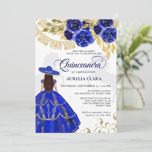 Elegant Floral Royal Blue Horse Quinceañera Kaart (Staand voorkant)