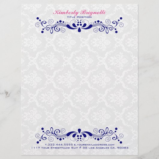 Elegant Floral Royal-Blue Lace White Dammaskers Persoonlijk Briefhoofd (Voorkant)