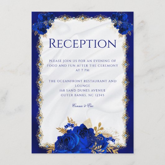 Elegant Floral Royal Blue Wedding Reception Informatiekaartje (Voorkant)