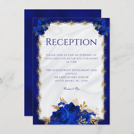 Elegant Floral Royal Blue Wedding Reception Informatiekaartje (Voorkant / Achterkant)