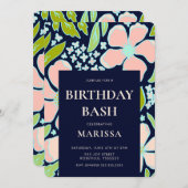 Elegant Floral roze en blauw Birthday Bash Kaart (Voorkant / Achterkant)