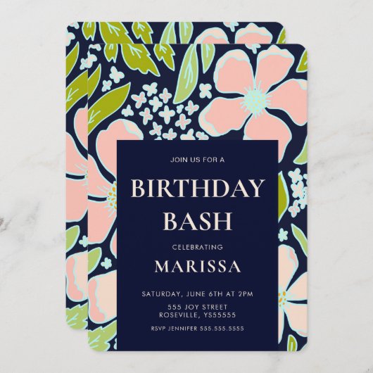 Elegant Floral roze en blauw Birthday Bash Kaart (Voorkant / Achterkant)