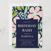 Elegant Floral roze en blauw Birthday Bash Kaart (Voorkant)