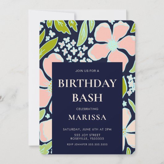 Elegant Floral roze en blauw Birthday Bash Kaart (Voorkant)
