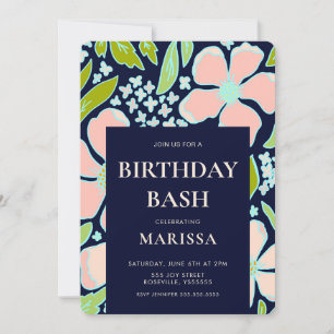 Elegant Floral roze en blauw Birthday Bash Kaart