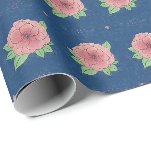Elegant Floral Roze en Blauw Inpakpapier (Rol Hoek)