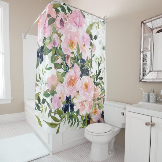 Elegant, Floral, , Roze en Wit Douchegordijn (In situ)