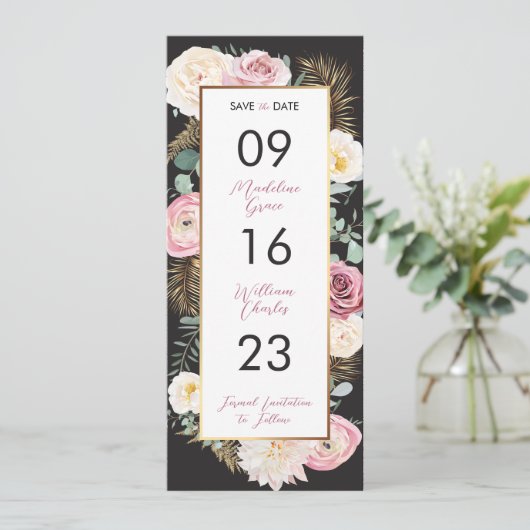 Elegant Floral roze en zwart sparen de Datum Save The Date (Staand voorkant)