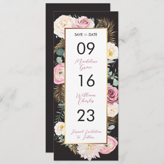 Elegant Floral roze en zwart sparen de Datum Save The Date (Voorkant / Achterkant)