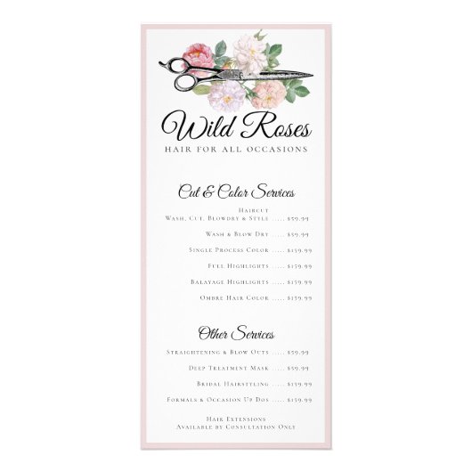 Elegant Floral roze Roses Haarstylist Prijslijst Reclamekaart (Voorkant)