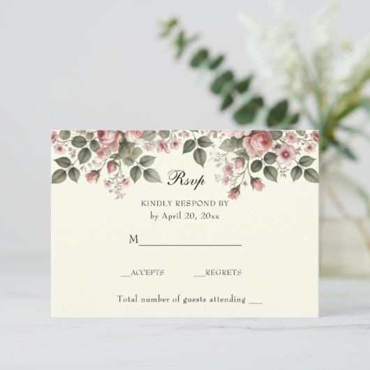 Elegant Floral roze Roses RSVP Kaartje (Staand voorkant)