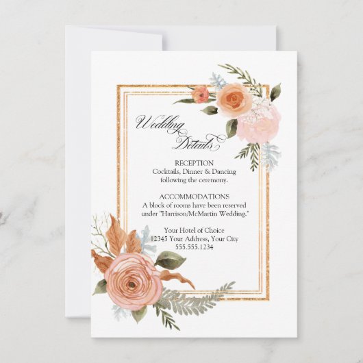 Elegant Floral Rozen Bouquet Gold Wedding Details Kaart (Voorkant)