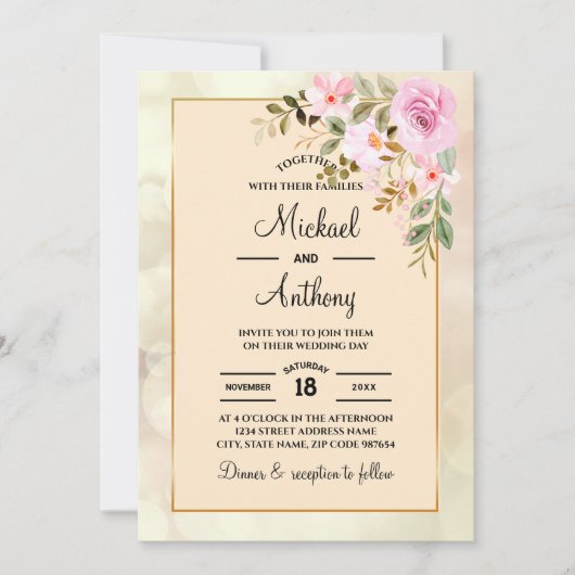 Elegant Floral Rozen Gay Wedding Invitation Kaart (Voorkant)
