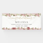 Elegant Floral Rozen Gold Script Afstuderen Spandoek (Horizontaal)