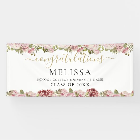 Elegant Floral Rozen Gold Script Afstuderen Spandoek (Horizontaal)