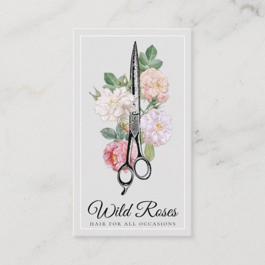 Elegant Floral Rozen Haarstylist Light Grey Visitekaartje (Voorkant)