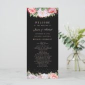 Elegant Floral Rozen Pink Black Wedding Programmakaart (Staand voorkant)