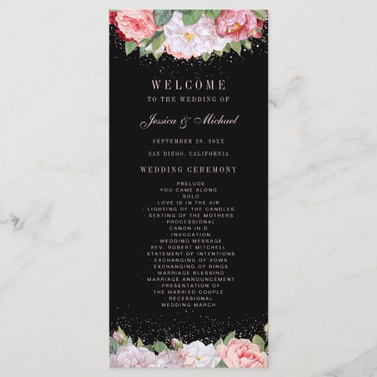 Elegant Floral Rozen Pink Black Wedding Programmakaart (Voorkant)
