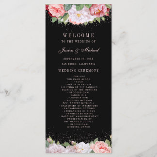 Elegant Floral Rozen Pink Black Wedding Programmakaart