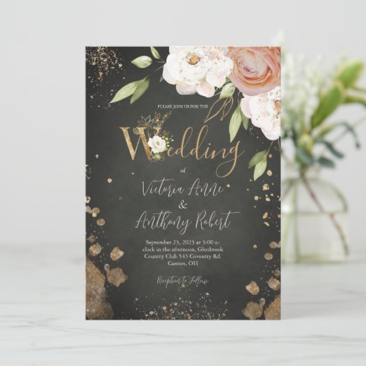 Elegant Floral Rustic Gold Wedding Uitnodiging (Staand voorkant)