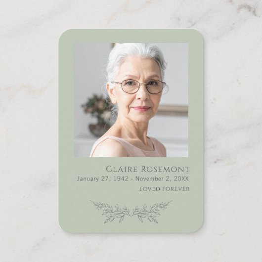 Elegant Floral Sage Green Funeral Prayer Card Visitekaartje (Voorkant)