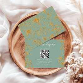 Elegant Floral Sage Green Gold QR Code Wedding RSVP Kaartje