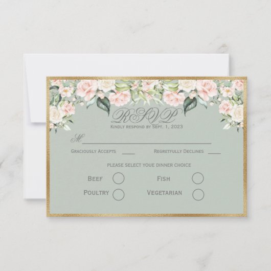 Elegant Floral Sage Green Gold Script Weduwschap R RSVP Kaartje (Voorkant)